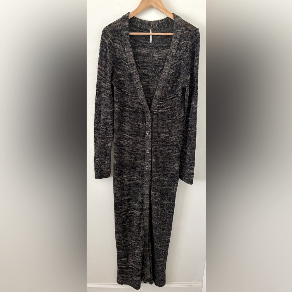 Free People Linen Blend V Neck Long Sleeve Floor Length Duster Black/Tan